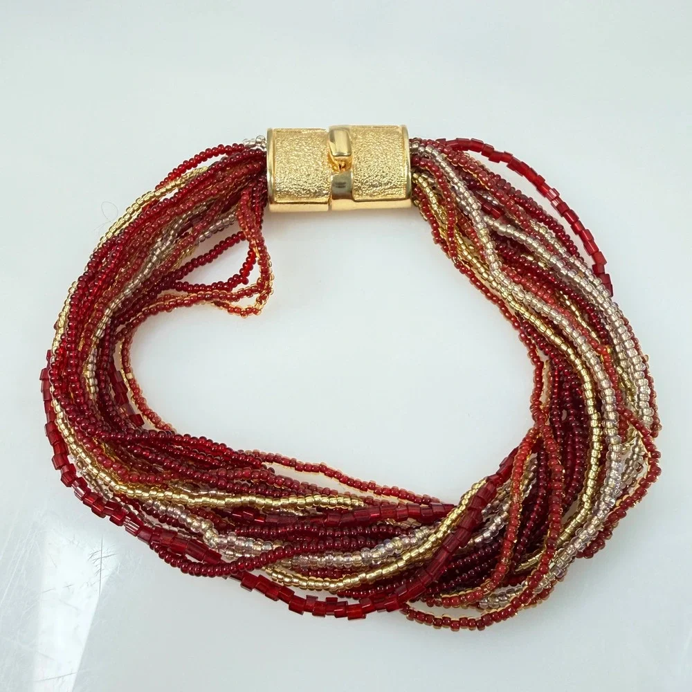 Murano Glass Bracelet Multi Strand Micro Seed Beads Torsade Red Silver Gold 7.25